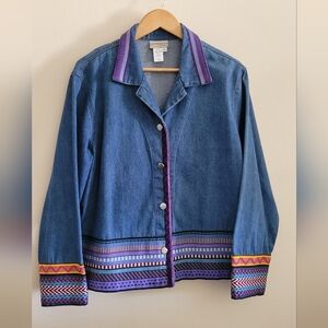 Coldwater Creek Colorfully Embroidered Geometric Trim Denim Jacket, Women's XL.
